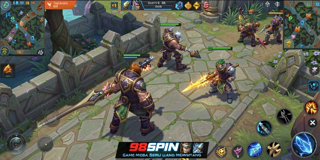 Screenshot dari gameplay seru di 98SPIN, menampilkan aksi dalam pertempuran MOBA.