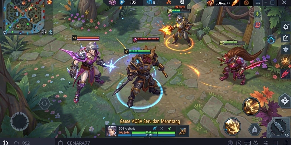 Screenshot gameplay CEMARA77 yang menunjukkan pertempuran seru di arena.