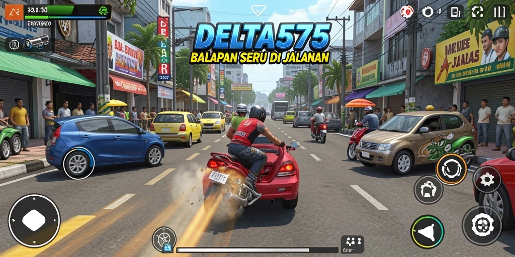 Tampilan utama gameplay DELTA575 dengan mobil balap di trek menantang.
