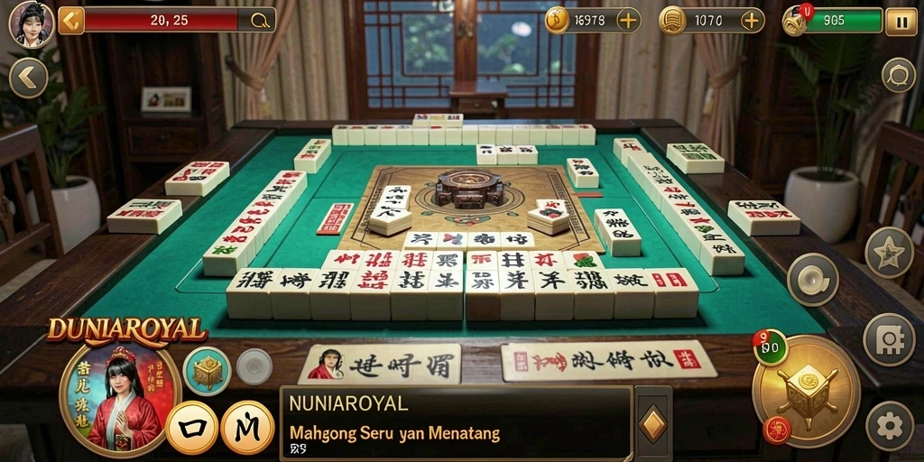 Tangkapan layar dari gameplay DUNIAROYAL yang menampilkan ubin Mahjong yang menantang.