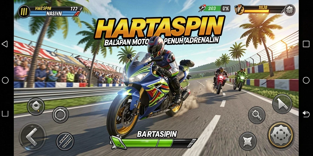 Tampilan gameplay HARTASPIN yang menampilkan aksi balapan motor yang seru.