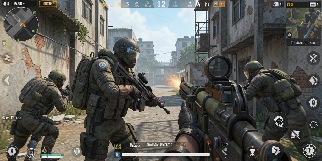 Screenshot gameplay INS55 menampilkan aksi seru dalam pertempuran FPS.
