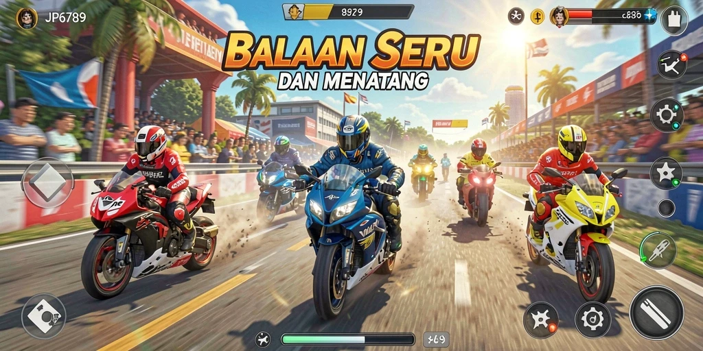 Screenshot gameplay JP6789 yang menunjukkan balapan seru dan mobil yang beragam.