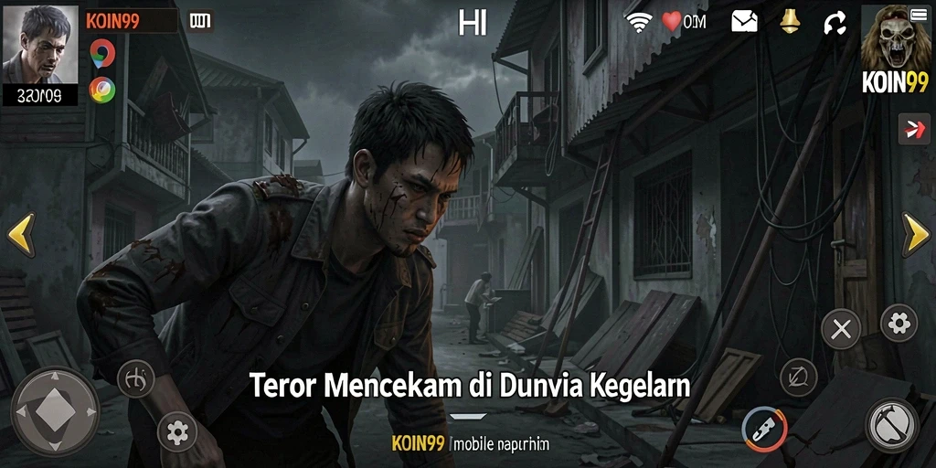 Tangkapan layar gameplay KOIN99 menunjukkan suasana horor yang mencekam dan misterius.