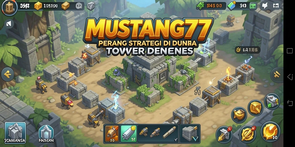 Tampilan gameplay seru di MUSTANG77 dengan menara dan musuh yang dinamis.