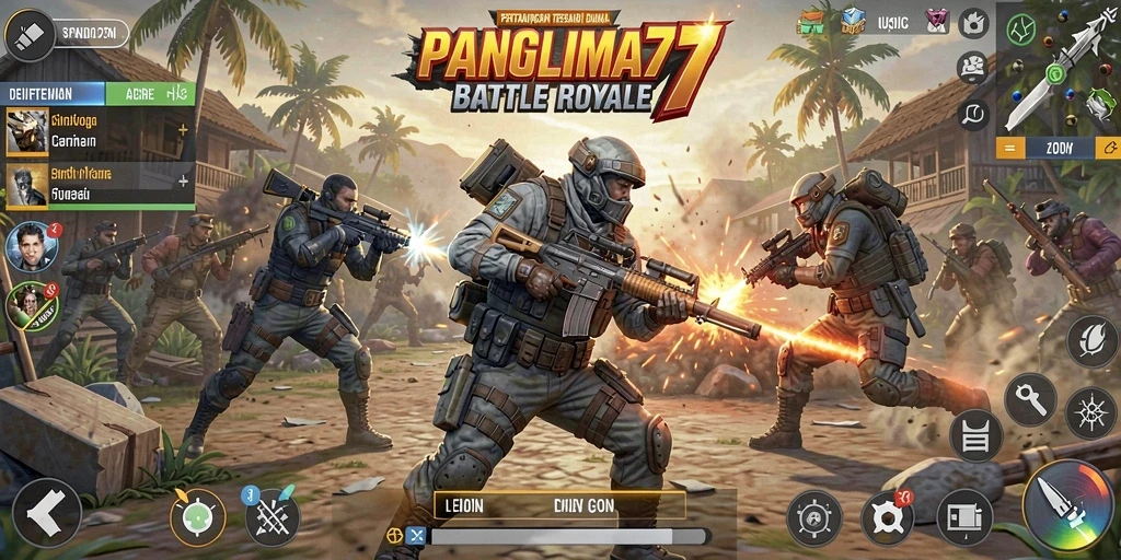 Screenshot gameplay PANGLIMA77 yang menunjukkan aksi menegangkan di arena Battle Royale.