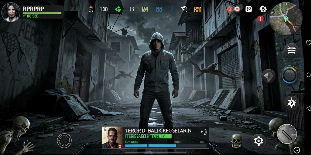 Screenshot gameplay RPRPRP yang menggambarkan suasana Horror yang mencekam.