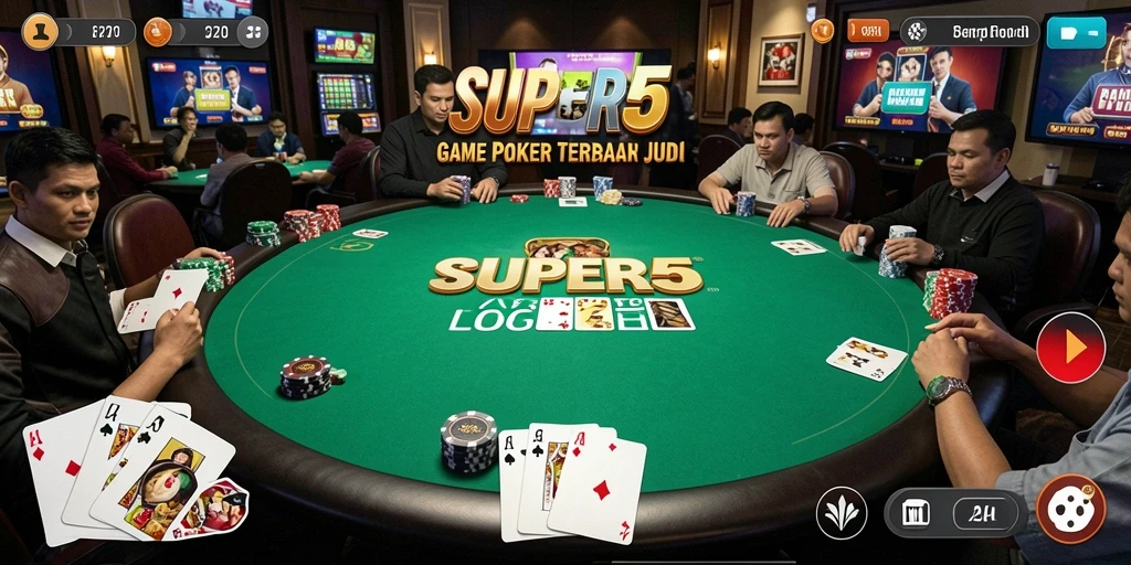 Tampilan screenshot utama SUPER5 menampilkan gameplay Poker yang mendebarkan.