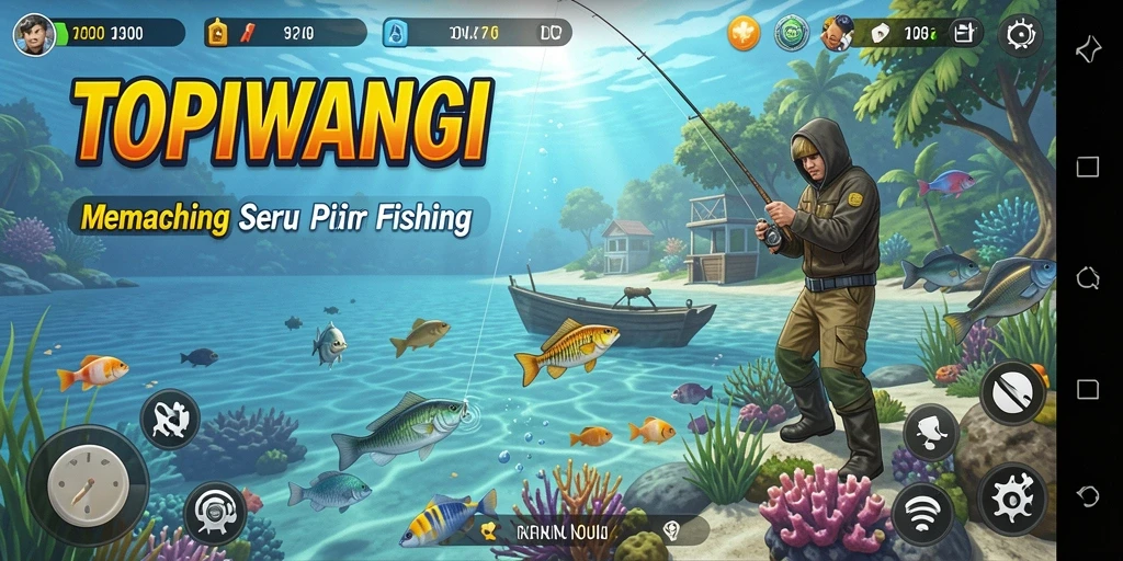 Tampilan screenshot menunjukkan aksi memancing yang seru dalam gameplay TOPIWANGI.