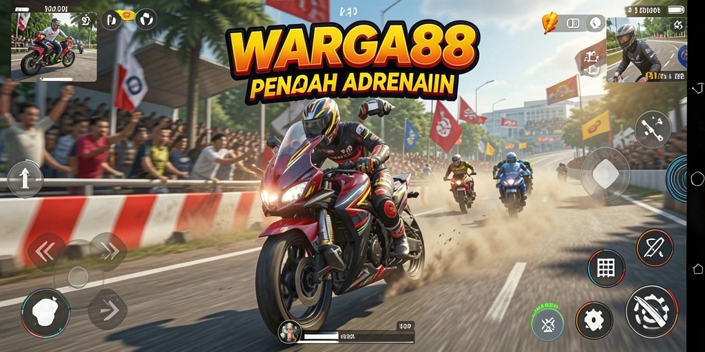 Gameplay seru WARGA88 dengan motor balap di lintasan menantang.